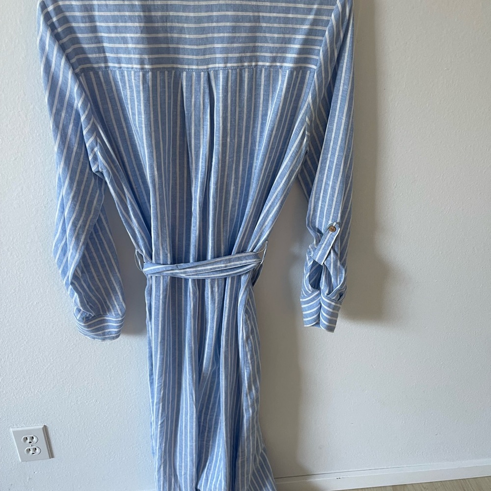 Zara women’s Blue Dress belted, long sleeve  White stripe long Dress shirt Small - Picture 6 of 12